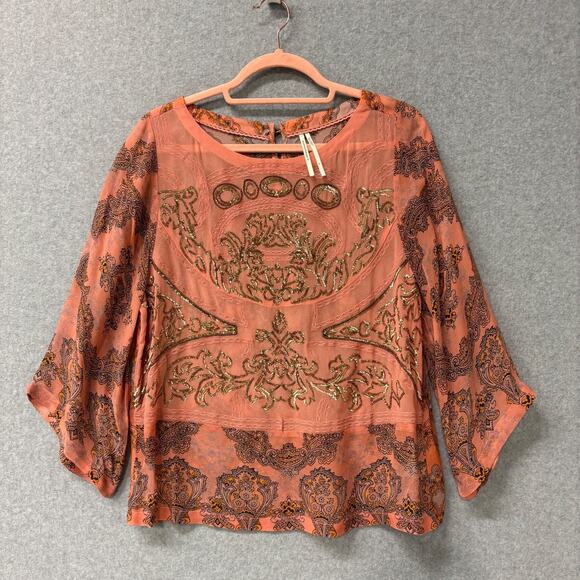 Anthropologie Ignacia Tops - Anthropologie Ignacia Sheer Sequined Blouse Coral Gold Boho Top Women S